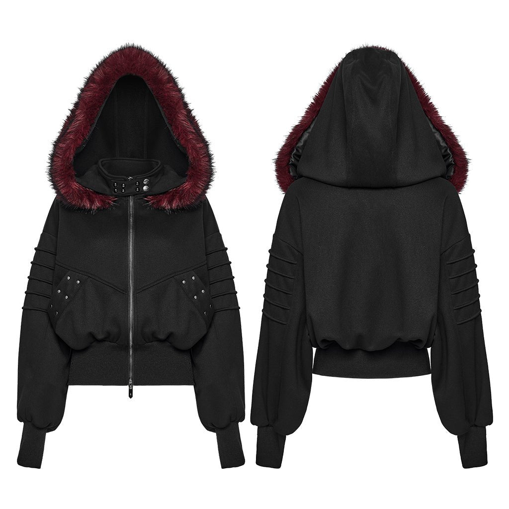 Chaqueta Negra con Capucha de Pelo Rojo - Crazyinlove
