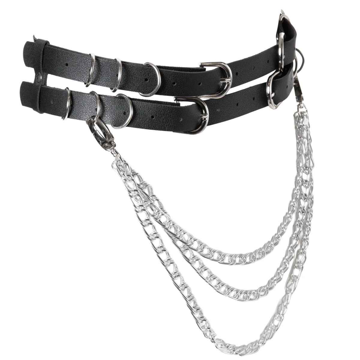 Double Faux Leather Belt with Chains and Buckles