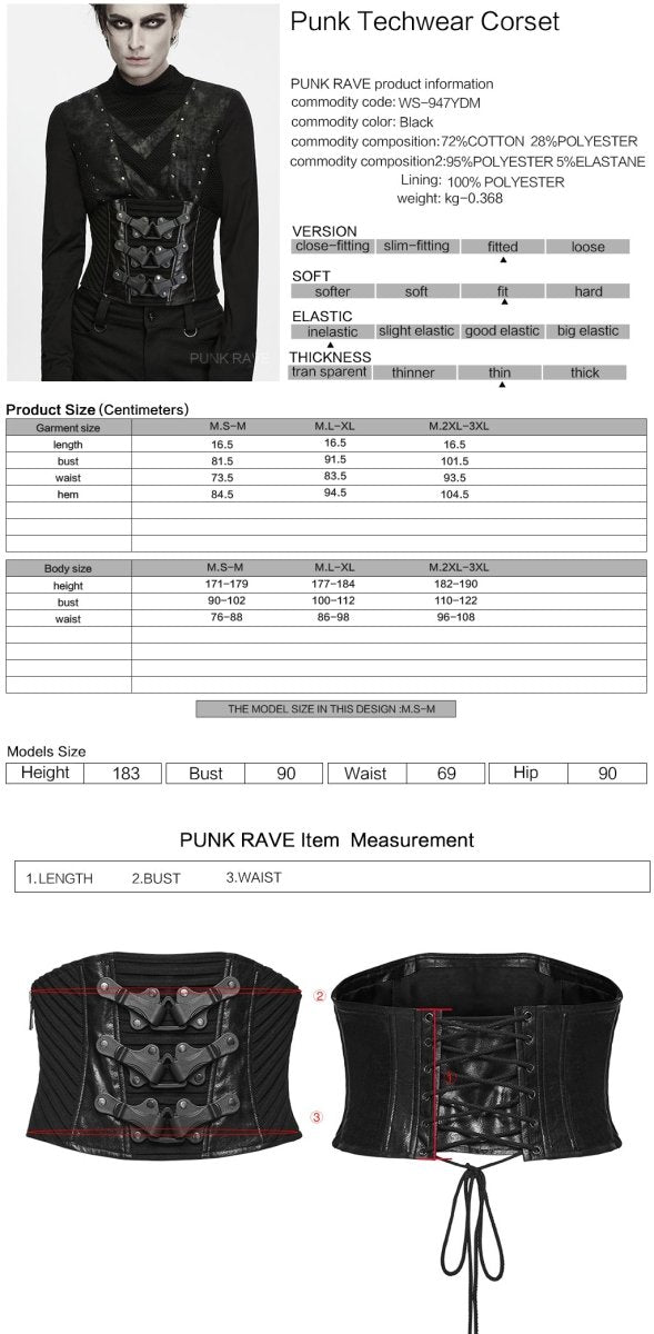 Ficha técnica y tabla de medidas del corsé techwear de hombre en tallas S/M, L/XL y 2XL/3XL