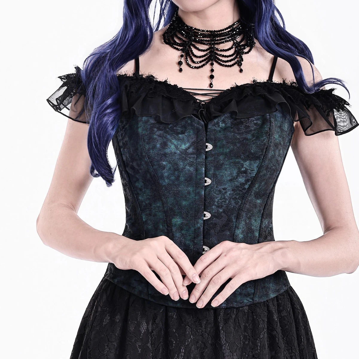 Corsé Overbust Victoriano Brocado Azul Noche - Crazyinlove