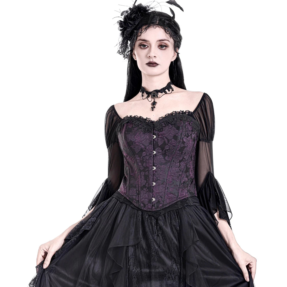 Corsé Underbust Morado Brocado Estilo Gótico Victoriano - Crazyinlove