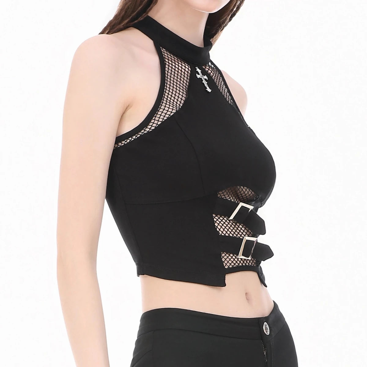 Crop Top Halter con Cruz, Rejilla y Hebillas - Crazyinlove