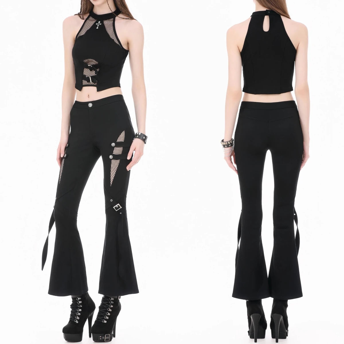 Crop Top Halter con Cruz, Rejilla y Hebillas - Crazyinlove