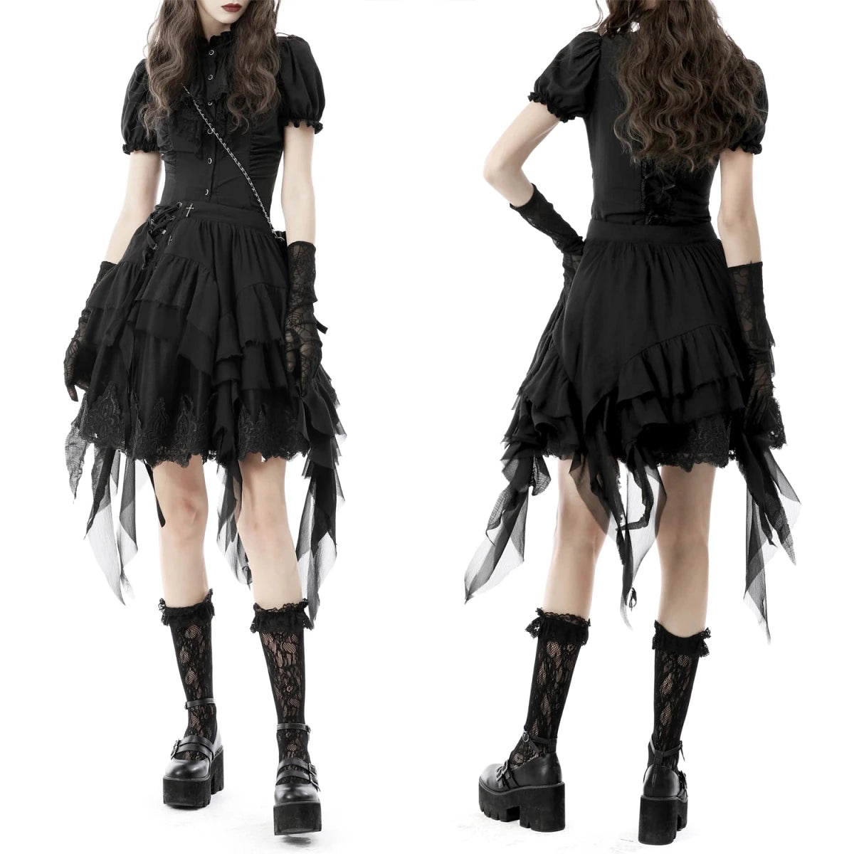 Falda Asimétrica de Tul Negro con Capas y Volantes - Crazyinlove