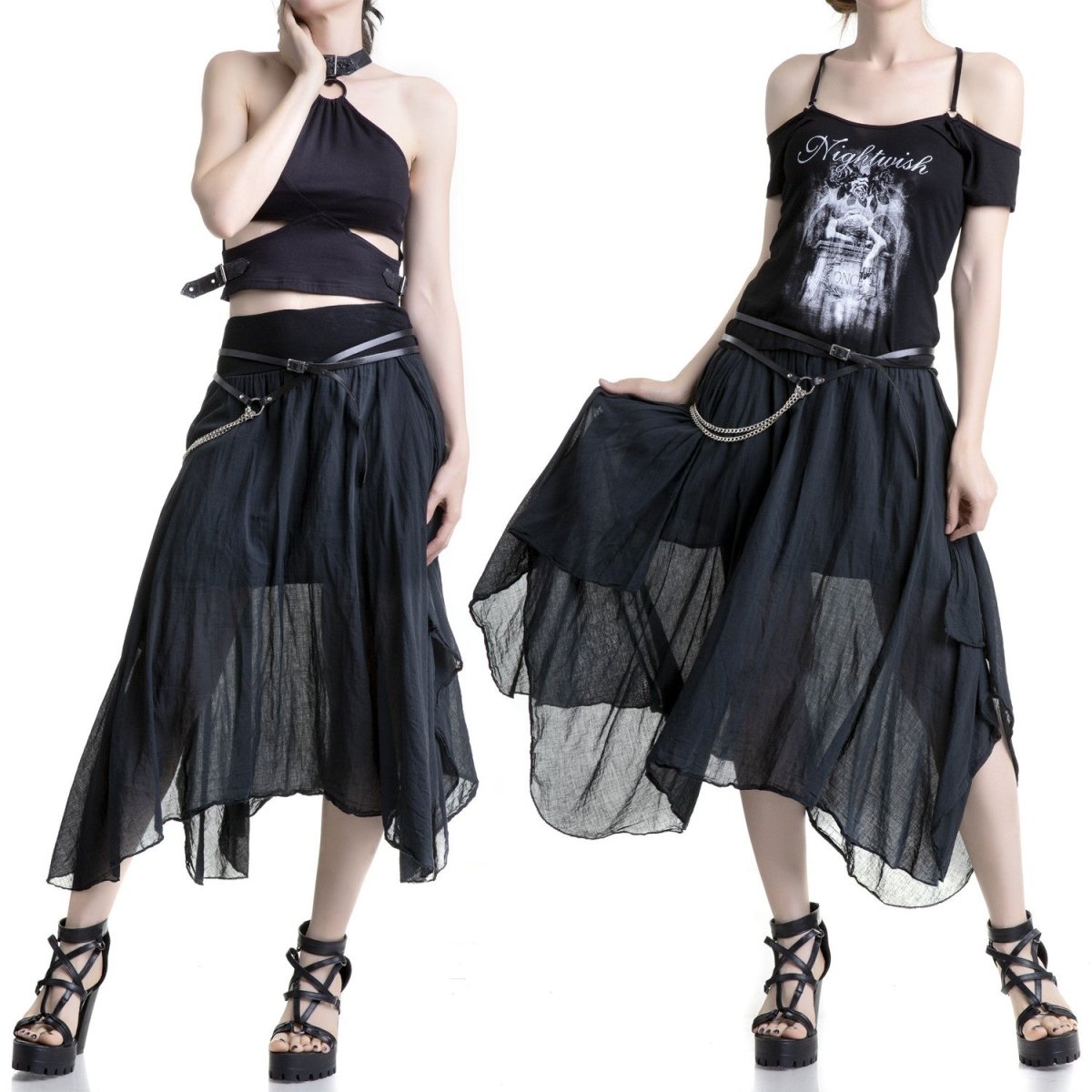 Falda Asimétrica de viscosa Negra con Paneles - Crazyinlove