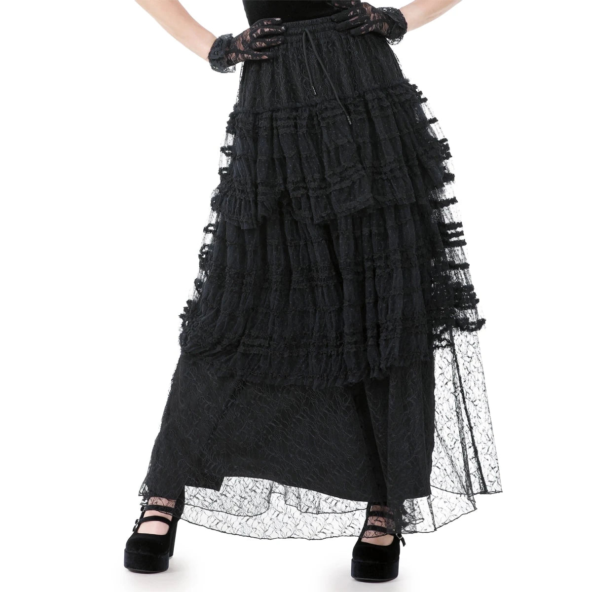 Falda Gótica Larga de Encaje con Capas y Cintura Elástica - Crazyinlove