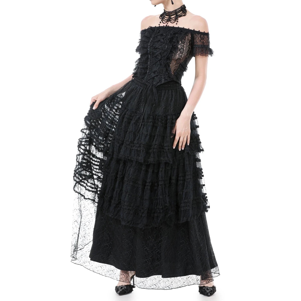 Falda Gótica Larga de Encaje con Capas y Cintura Elástica - Crazyinlove