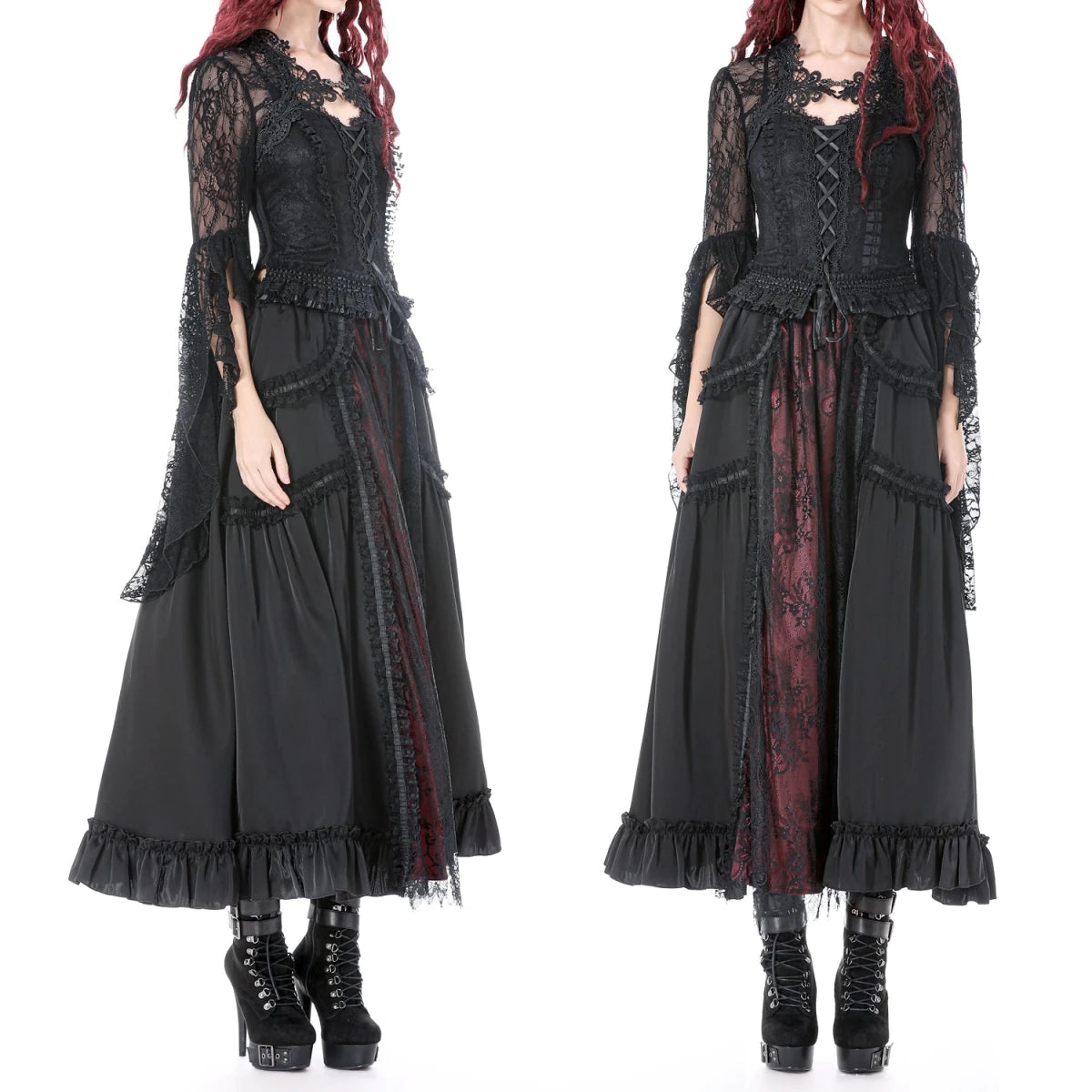 Falda Gótica Larga Victoriana Negra y Roja de Encaje - Crazyinlove