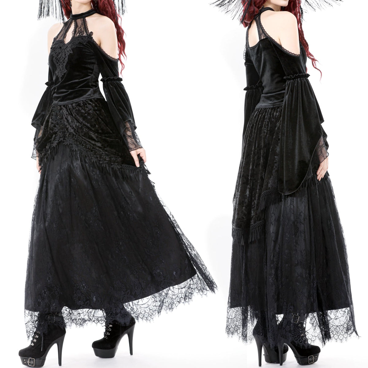 Falda Gótica Maxi Terciopelo Encaje Negra - Crazyinlove