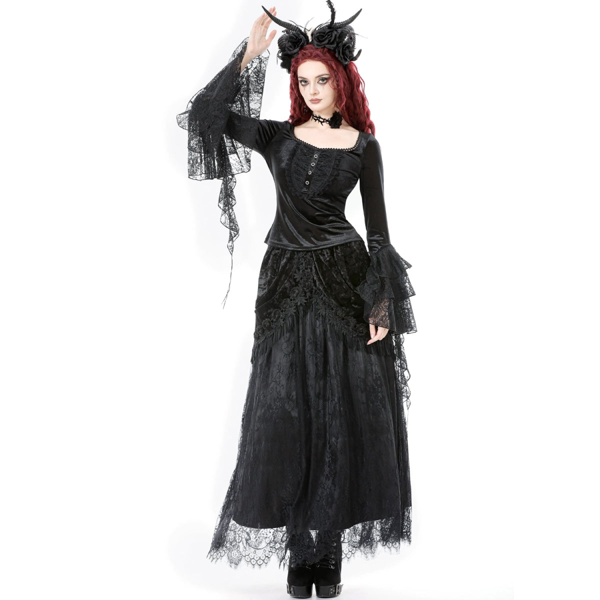 Falda Gótica Maxi Terciopelo Encaje Negra - Crazyinlove