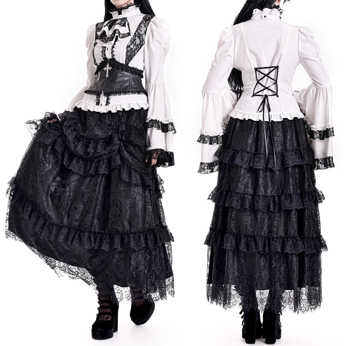 Falda Larga Negra de Volantes Escalonados Estilo Victoriano - Crazyinlove