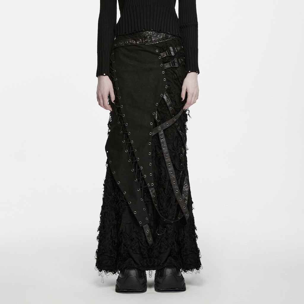 Falda Larga Punk Negra Deshilachada con Correas y Hebillas - Crazyinlove