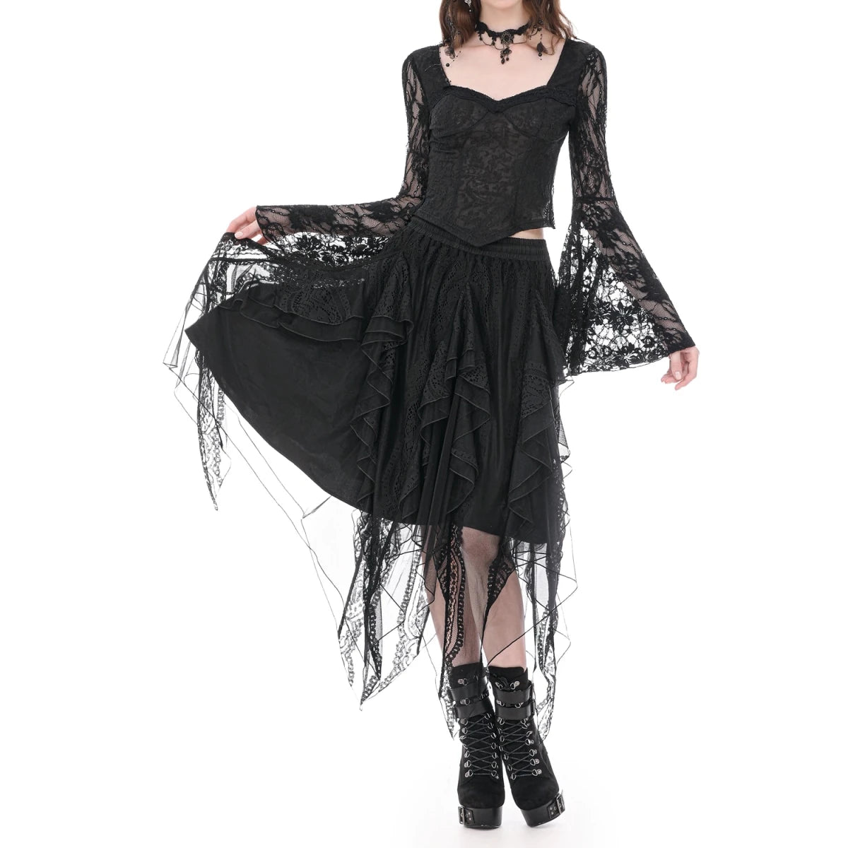 Falda Midi Asimétrica de Picos con Encaje y Tul - Crazyinlove