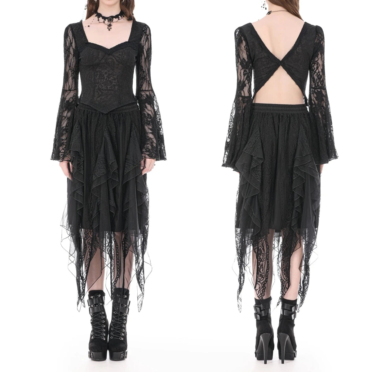 Falda Midi Asimétrica de Picos con Encaje y Tul - Crazyinlove