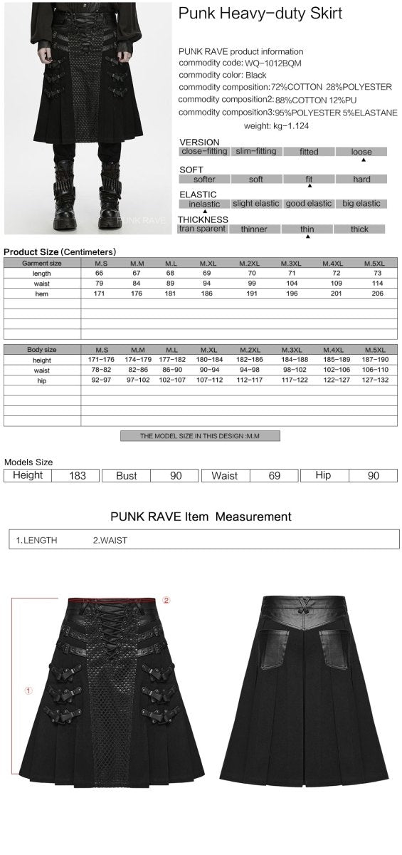 Ficha técnica y tabla de medidas de la falda punk de hombre WQ-1012BQM