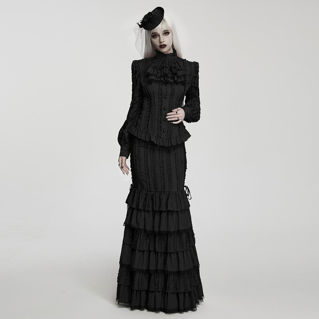 Falda Sirena Larga Negra Victoriana de Algodón con Volantes - Crazyinlove