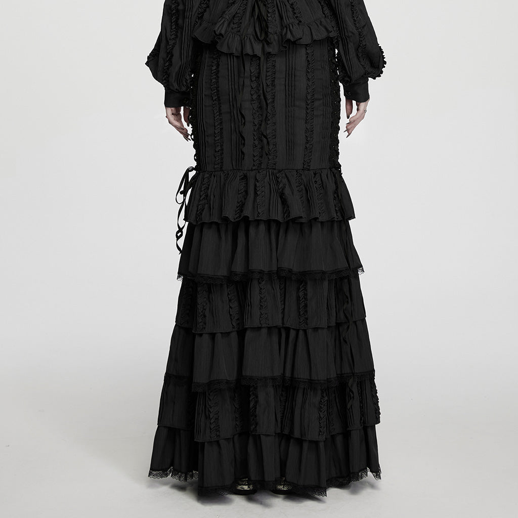 Falda Sirena Larga Negra Victoriana de Algodón con Volantes - Crazyinlove