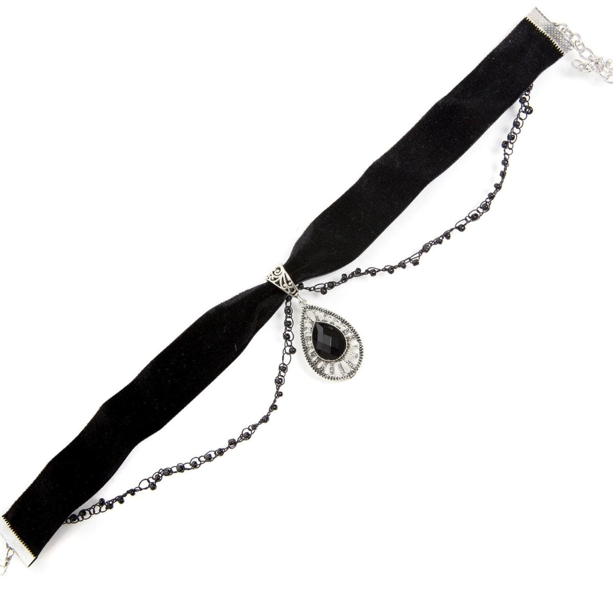 Gargantilla Ancha de Terciopelo con Lágrima y Cuentas Negras - Crazyinlove