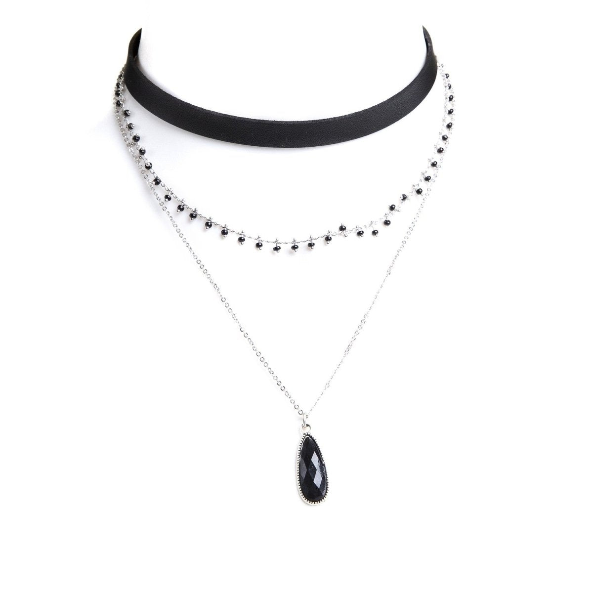 Gargantilla Triple Negra con Cadenas y Colgante de Gota - Crazyinlove