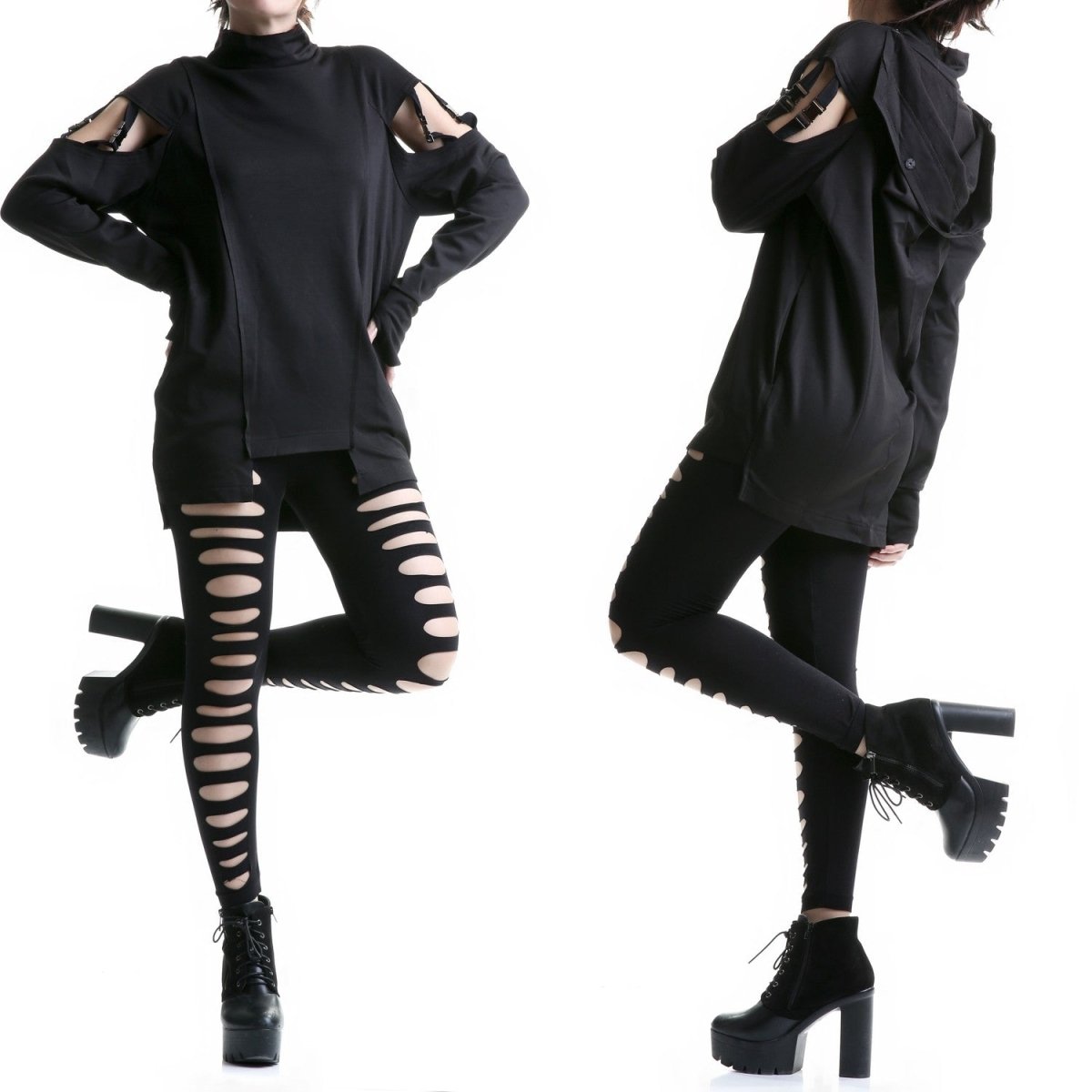 Legging Negro Rasgado con Cortes Horizontales Estilo Punk - Crazyinlove