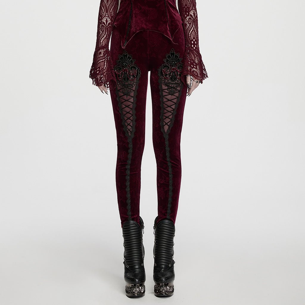 Leggings Góticos de Terciopelo Rojo Vino con Encaje y Lazada - Crazyinlove