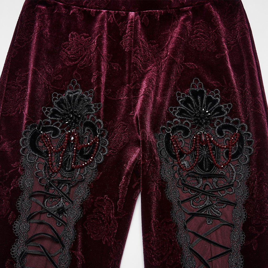 Leggings Góticos de Terciopelo Rojo Vino con Encaje y Lazada - Crazyinlove