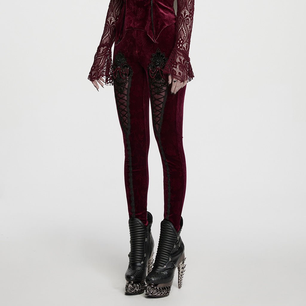Leggings Góticos de Terciopelo Rojo Vino con Encaje y Lazada - Crazyinlove