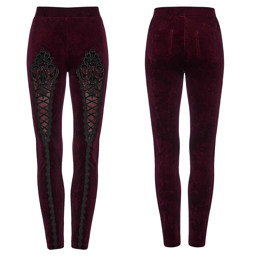 Leggings Góticos de Terciopelo Rojo Vino con Encaje y Lazada - Crazyinlove