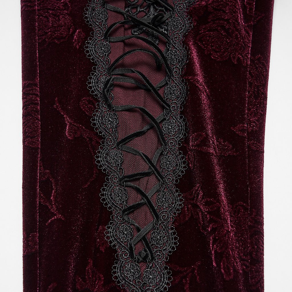 Leggings Góticos de Terciopelo Rojo Vino con Encaje y Lazada - Crazyinlove