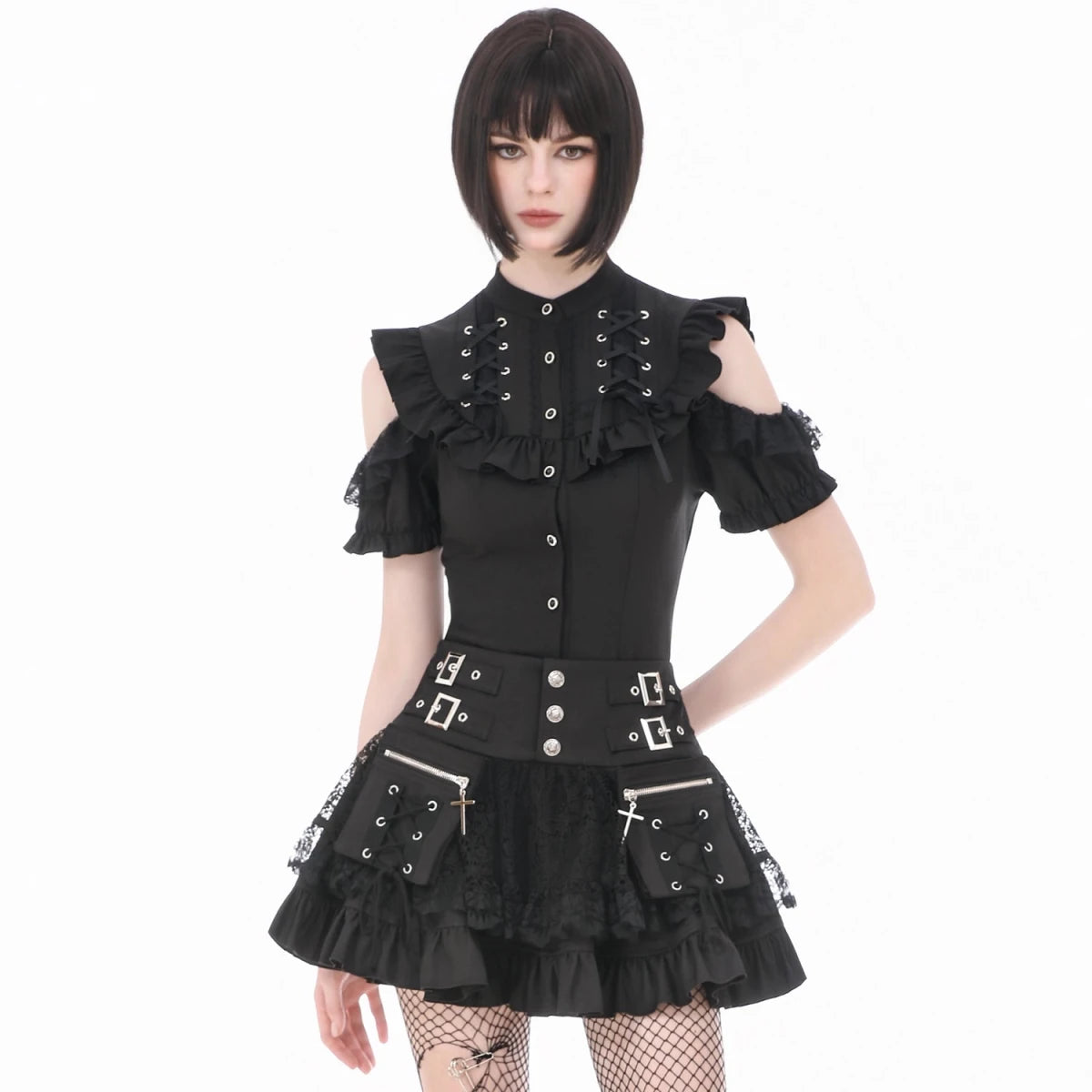 Minifalda con Bolsillos Cargo, Encaje y Hebillas - Crazyinlove