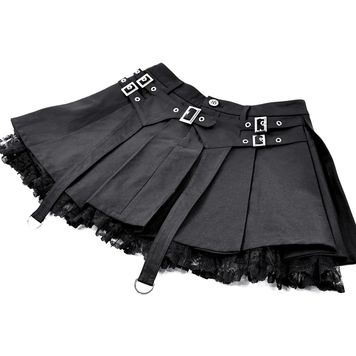 Minifalda Plisada Negra Punk con Hebillas y Bajo de Encaje - Crazyinlove