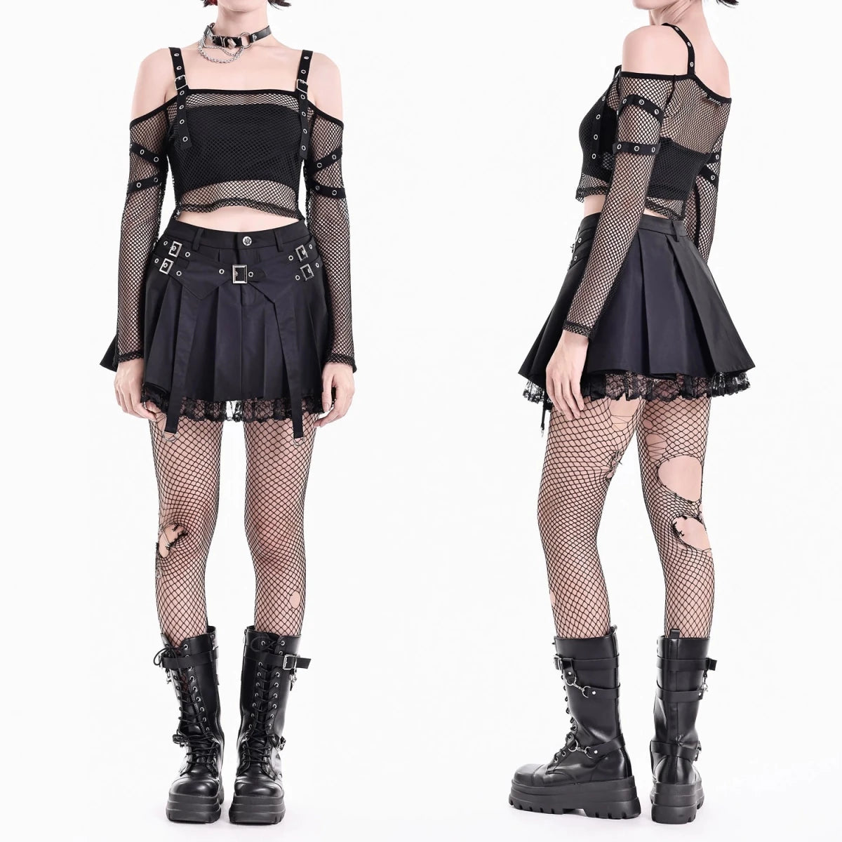 Minifalda Plisada Negra Punk con Hebillas y Bajo de Encaje - Crazyinlove