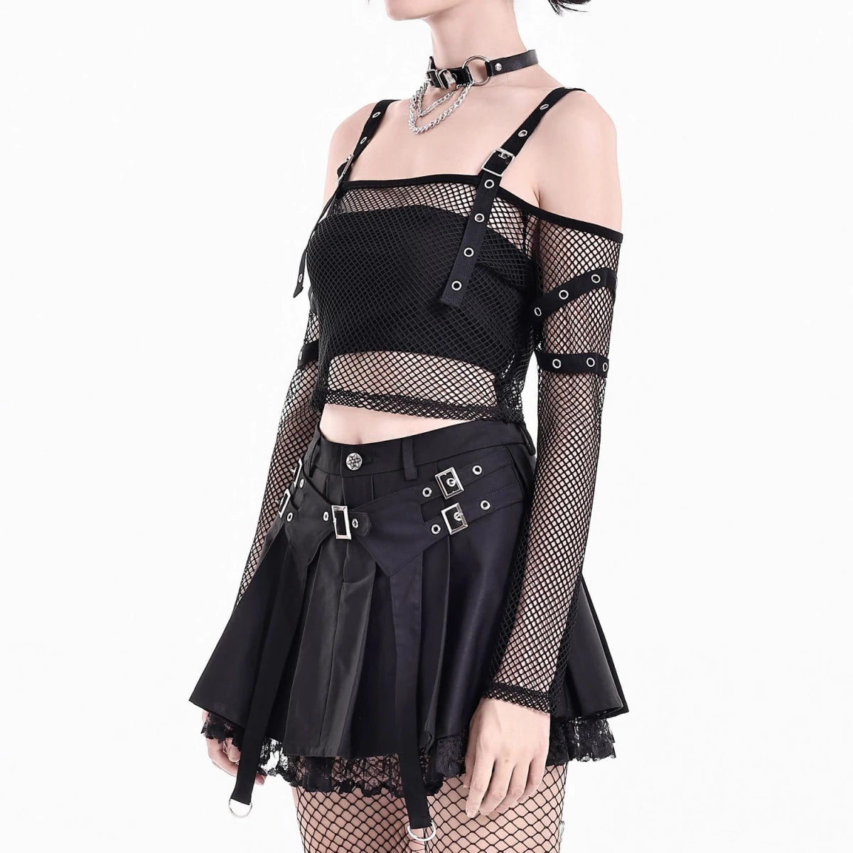 Minifalda Plisada Negra Punk con Hebillas y Bajo de Encaje - Crazyinlove