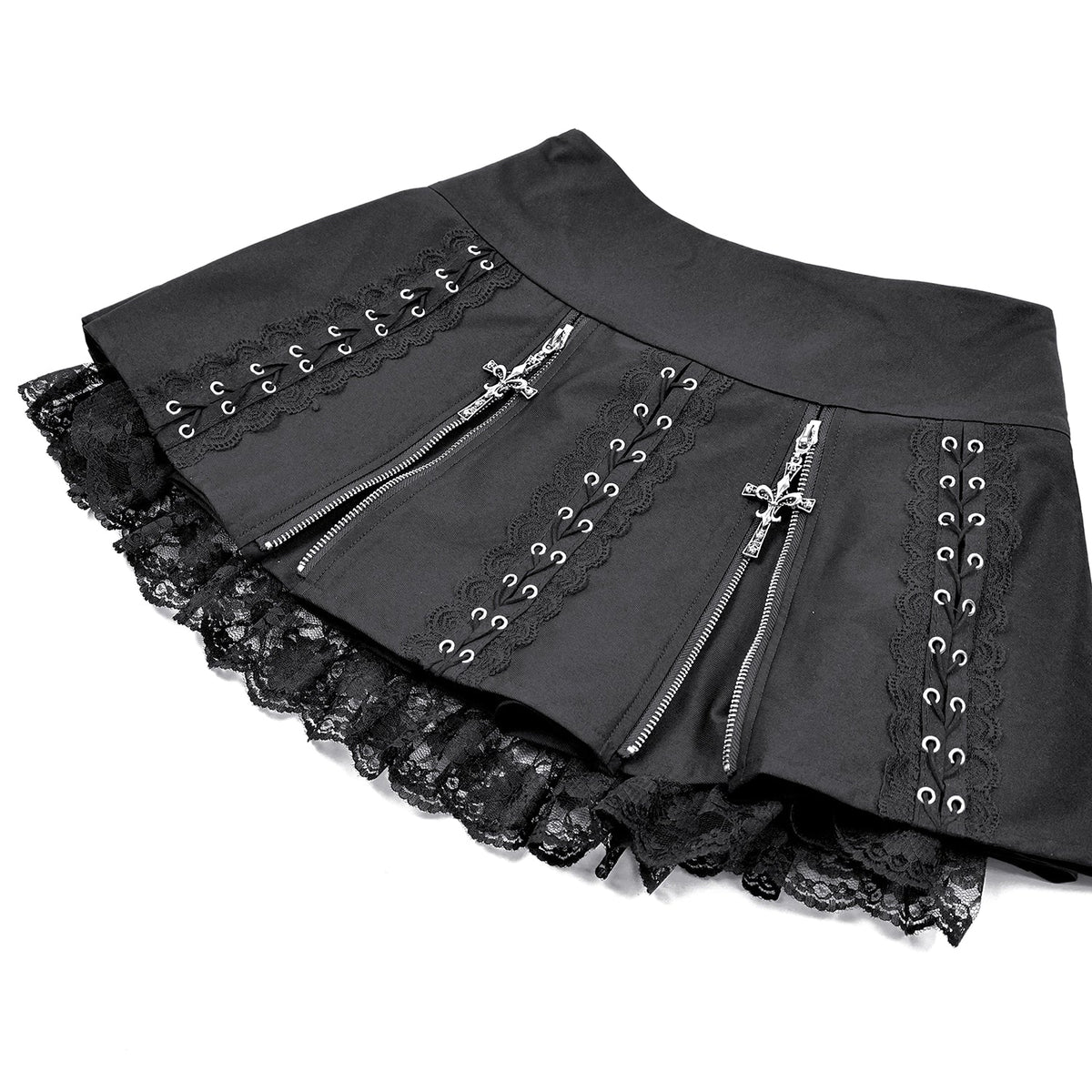 Minifalda Punk Plisada con Cruces y Encaje KW463: detalle del delantero con cruces y ojales