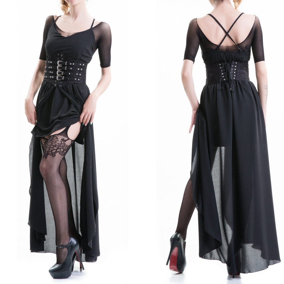 Mono de Rejilla Negro con Liguero y Medias de Encaje Floral - Crazyinlove