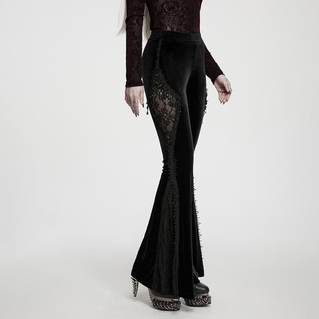 Pantalón Acampanado Gótico de Terciopelo Negro con Encaje Lateral - Crazyinlove