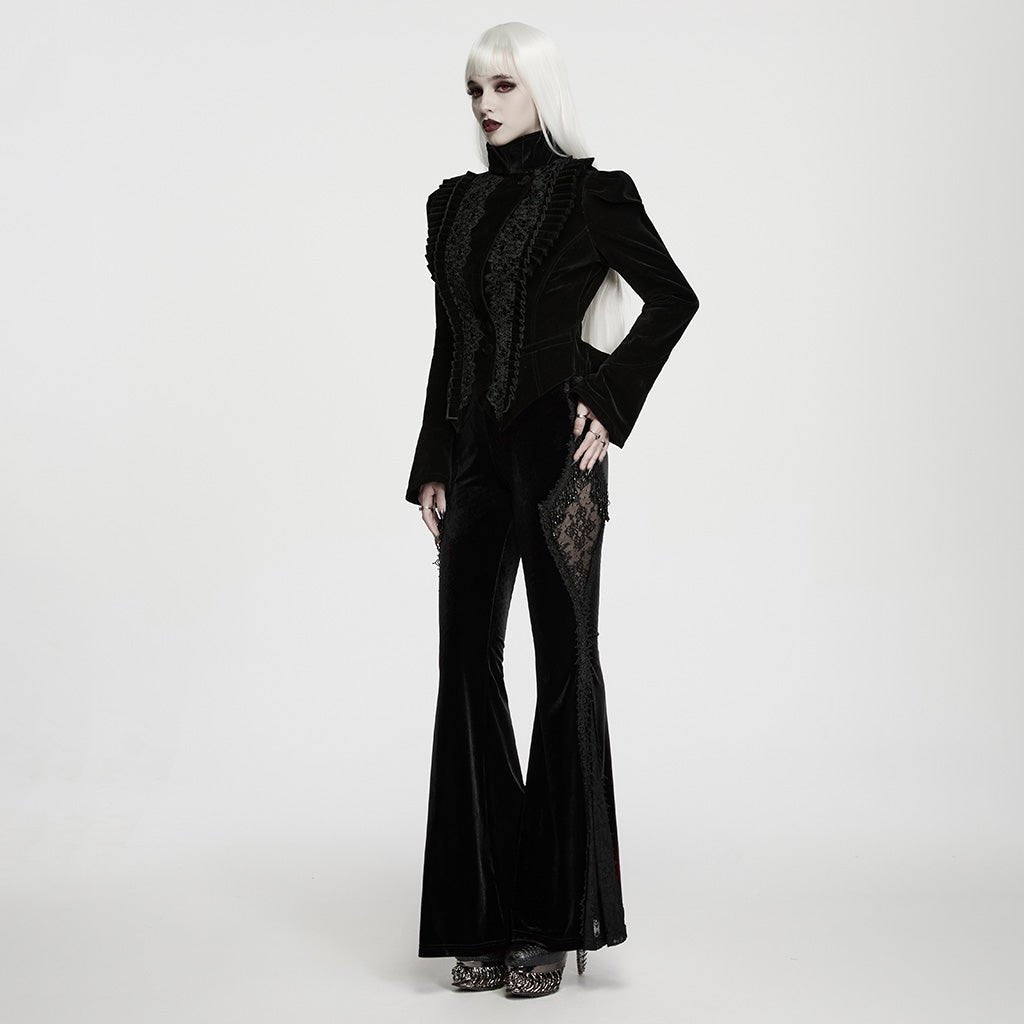 Pantalón Acampanado Gótico de Terciopelo Negro con Encaje Lateral - Crazyinlove
