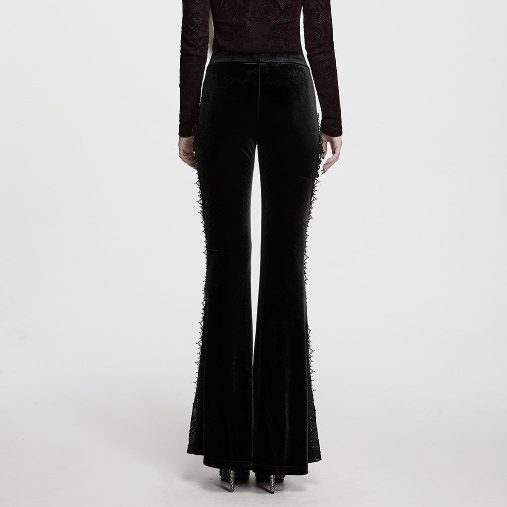 Pantalón Acampanado Gótico de Terciopelo Negro con Encaje Lateral - Crazyinlove