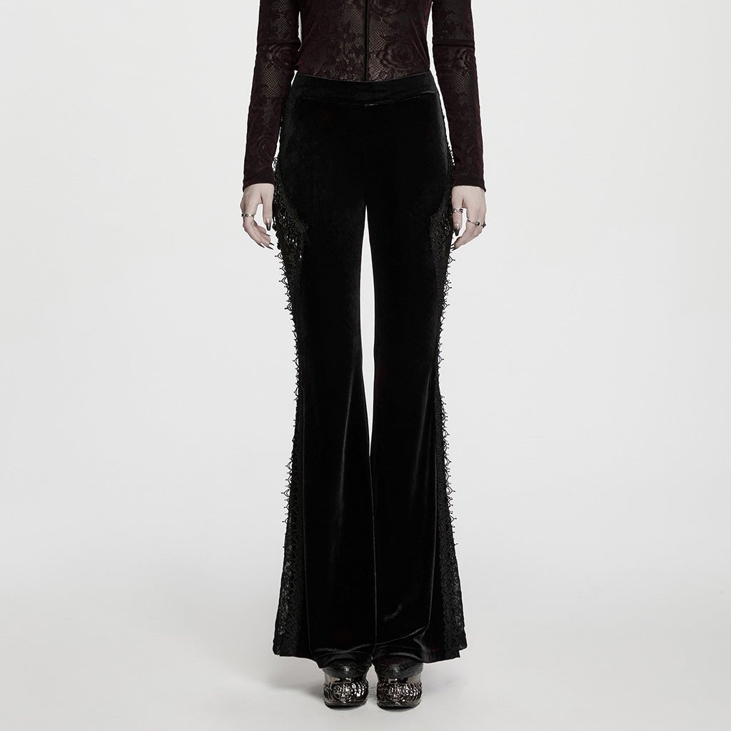 Pantalón Acampanado Gótico de Terciopelo Negro con Encaje Lateral - Crazyinlove