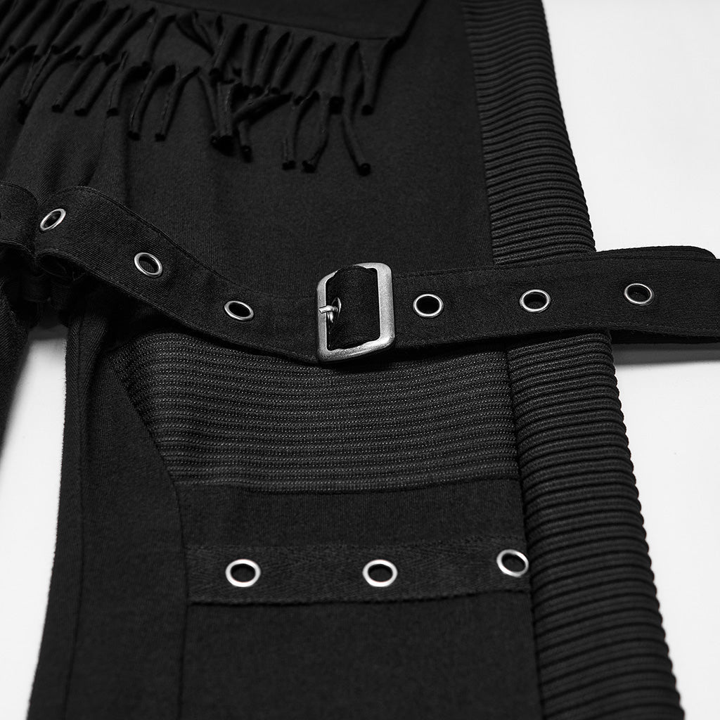 Pantalón Acampanado Punk Negro con Flecos y Correas de Hebilla - Crazyinlove