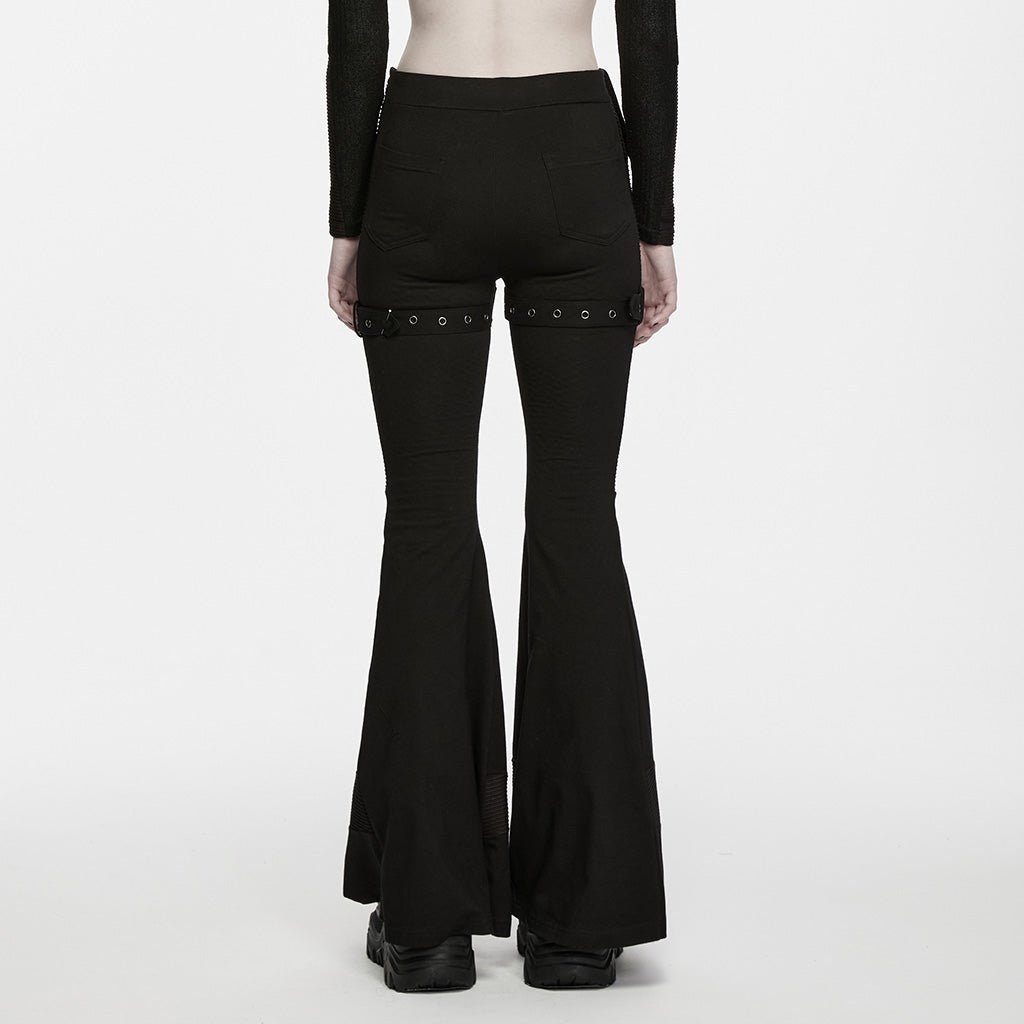 Pantalón Acampanado Punk Negro con Flecos y Correas de Hebilla - Crazyinlove