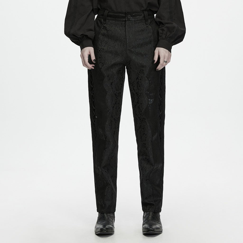Pantalón gótico negro de jacquard puesto, vista frontal con camisa no incluida