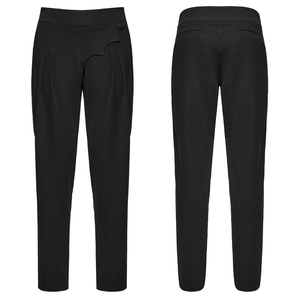 Pantalón negro con tapeta murciélago en plano, delantero y espalda