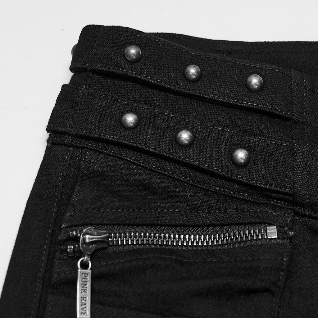 Pantalón Pitillo Punk Negro con Tachuelas y Bolsillos con Hebilla - Crazyinlove