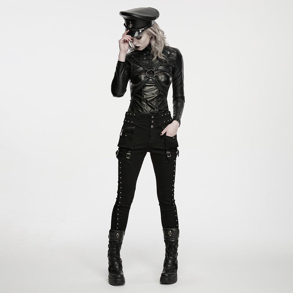 Pantalón Pitillo Punk Negro con Tachuelas y Bolsillos con Hebilla - Crazyinlove
