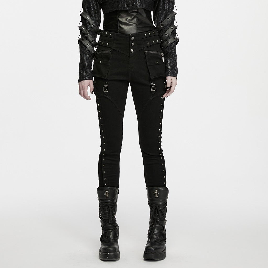 Pantalón Pitillo Punk Negro con Tachuelas y Bolsillos con Hebilla - Crazyinlove