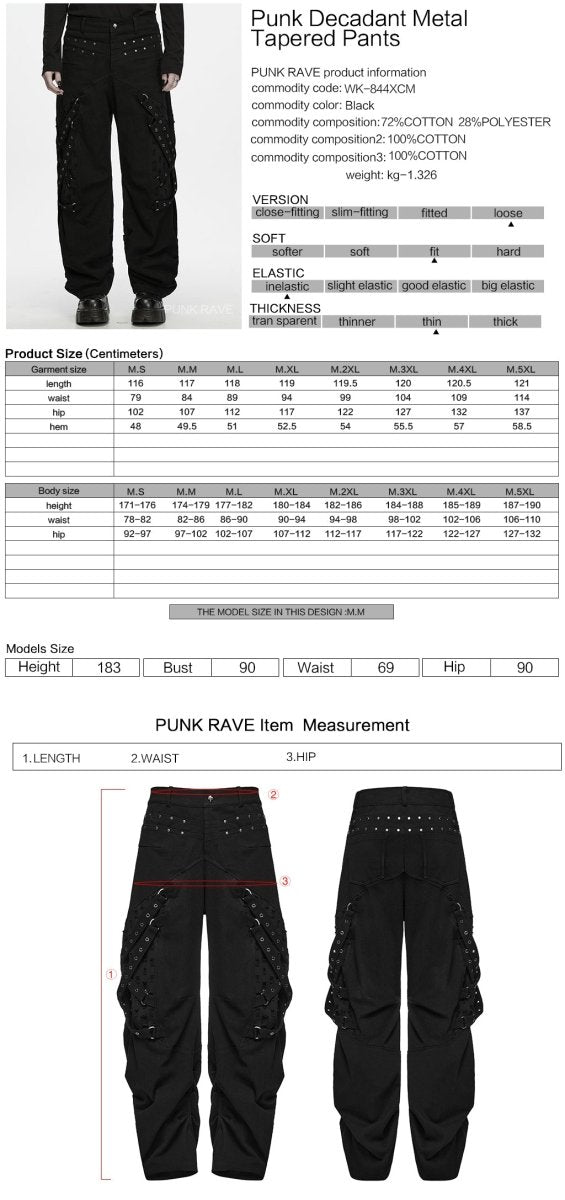 Ficha técnica y tabla de medidas del pantalón punk ancho con tachuelas WK-844XCM