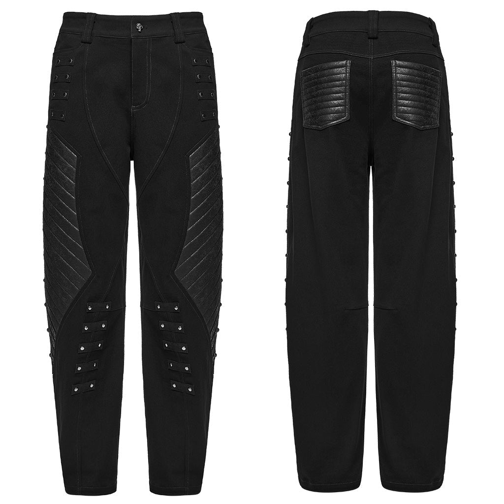 Pantalón punk negro de hombre en plano, delantero y espalda
