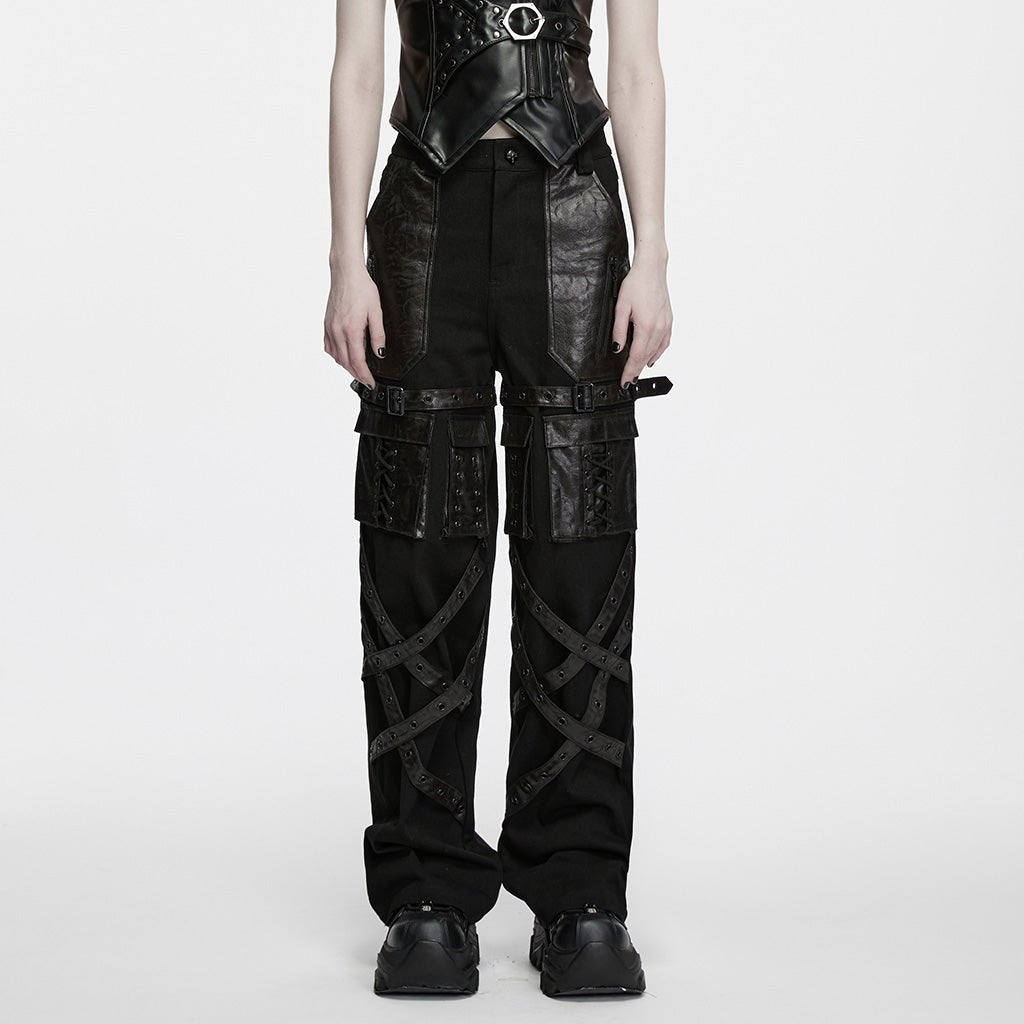 Pantalón Recto Punk Negro con Correas Cruzadas y Bolsillos Cargo - Crazyinlove