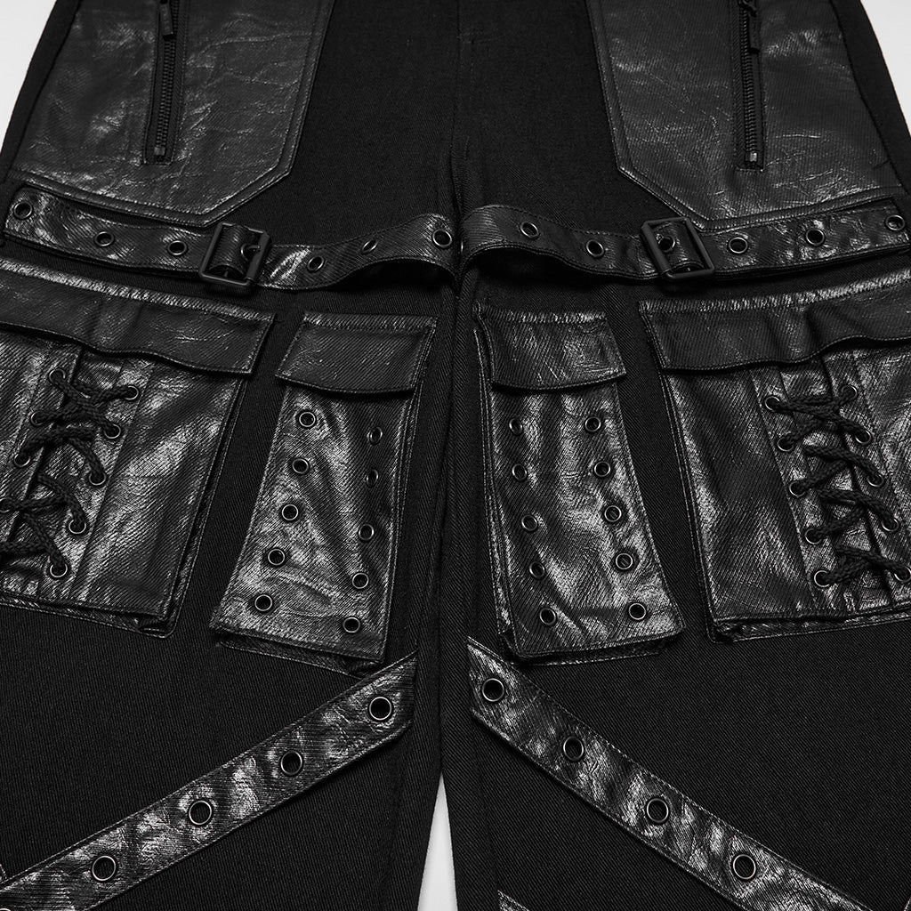 Pantalón Recto Punk Negro con Correas Cruzadas y Bolsillos Cargo - Crazyinlove